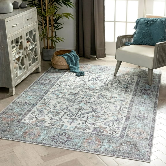 Well Woven Lotus Macon Beige Vintage Medallion Botanical Border 5'3" x 7'3" Machine Washable Flat-Weave Area Rug