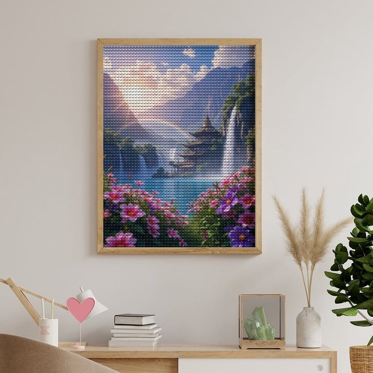 Diamond Art Kits for Adults, Sunset Serenity Waterfall Pagoda