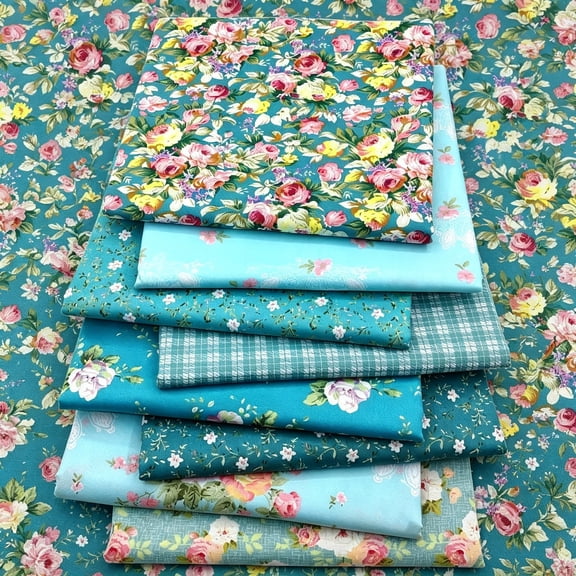 AUQ 8Pcs 9.84 X 9.84" Floral Cotton Fabric,Cotton Twill Print Fabric,Quilting Sewing Fabric Bundle for Crafts Home Decor Making Home Decor Making Fabric by the Yard(Teal Blue)