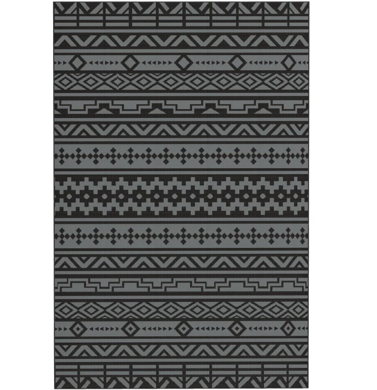 6' x 9' Black & Gray Geometric Wall Reversible Outdoor Rug, Waterproof Plastic Straw Patio Rug, Foldable Portable RV Camping Mat with Carry Bag