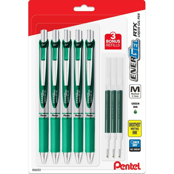 Bolígrafo Pentel Energel Deluxe RTX de 0,7 mm, tinta de gel líquido, color verde, 5 unidades