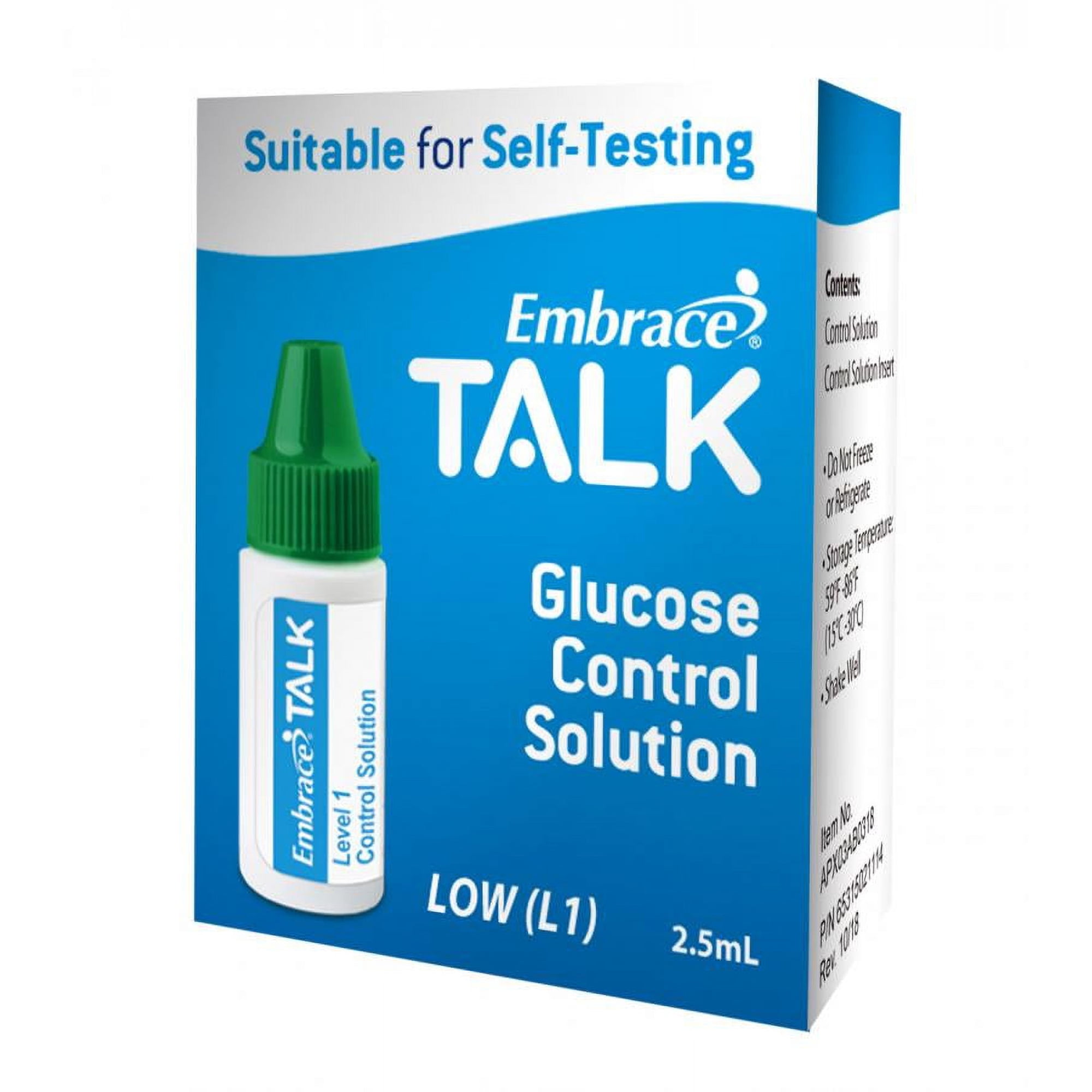Embrace TALK Blood Glucose Control Solution, Low (L1), 2.5 mL Bottle, 1 Count