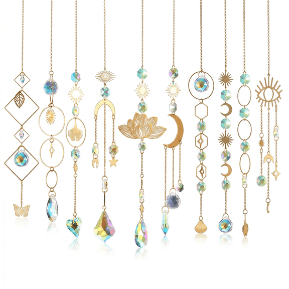Rustic Boho Crystal Sun Catchers, Colorful Prism Rainbow Makers with Hanging Chains, Indoor Window & Outdoor Garden Hanging Decor, Ideal Wedding Housewarming Xmas Gift, 10-Pack