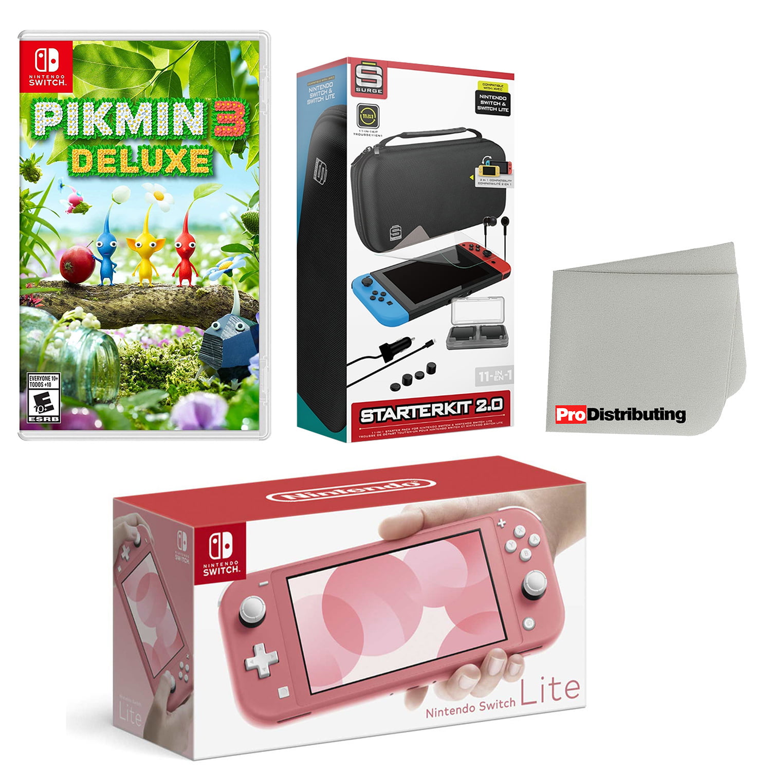 Nintendo Switch Lite Console Coral with Pikmin 3 Deluxe, Accessory Starter  Kit and Screen Cleaning Cloth Bundle