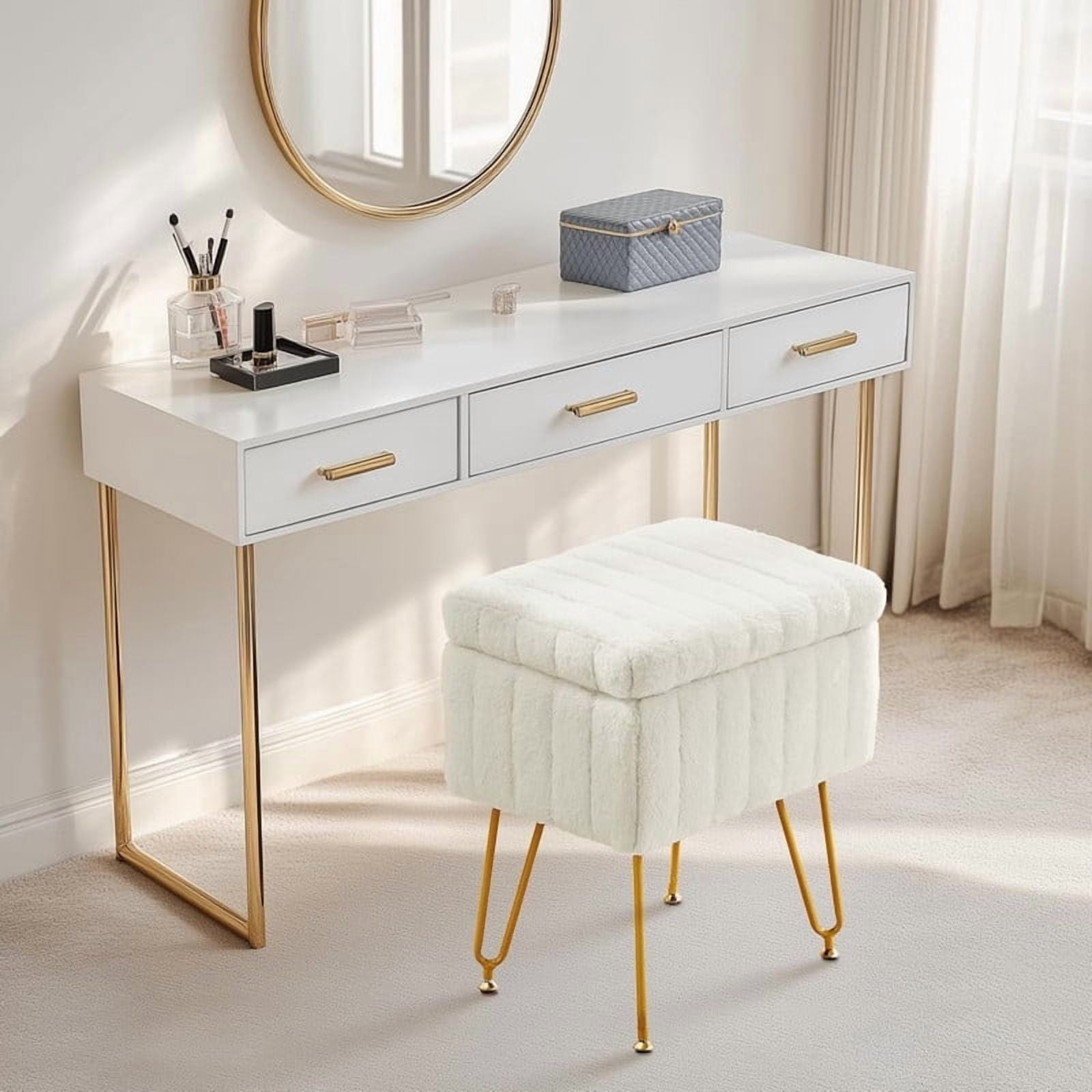 Kelno Vanity Stool Chair Faux Fur Padded Seat Ottoman with Hidden Storage Metal Legs with Anti-Slip Feet,White