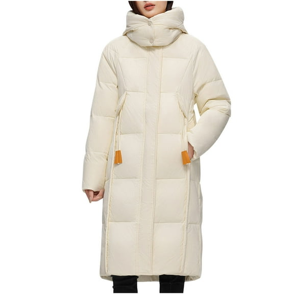Zpanxa Women's Winter Coat Hooded Loose Fit Mid-Length Insulated Jacket with Warm Fleece Lining for Casual Cold Weather Wear Beige S