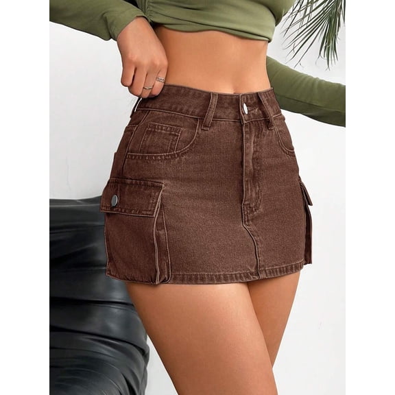 Womens Coffee Brown Cargo Denim Mini Skirt With Front Pockets