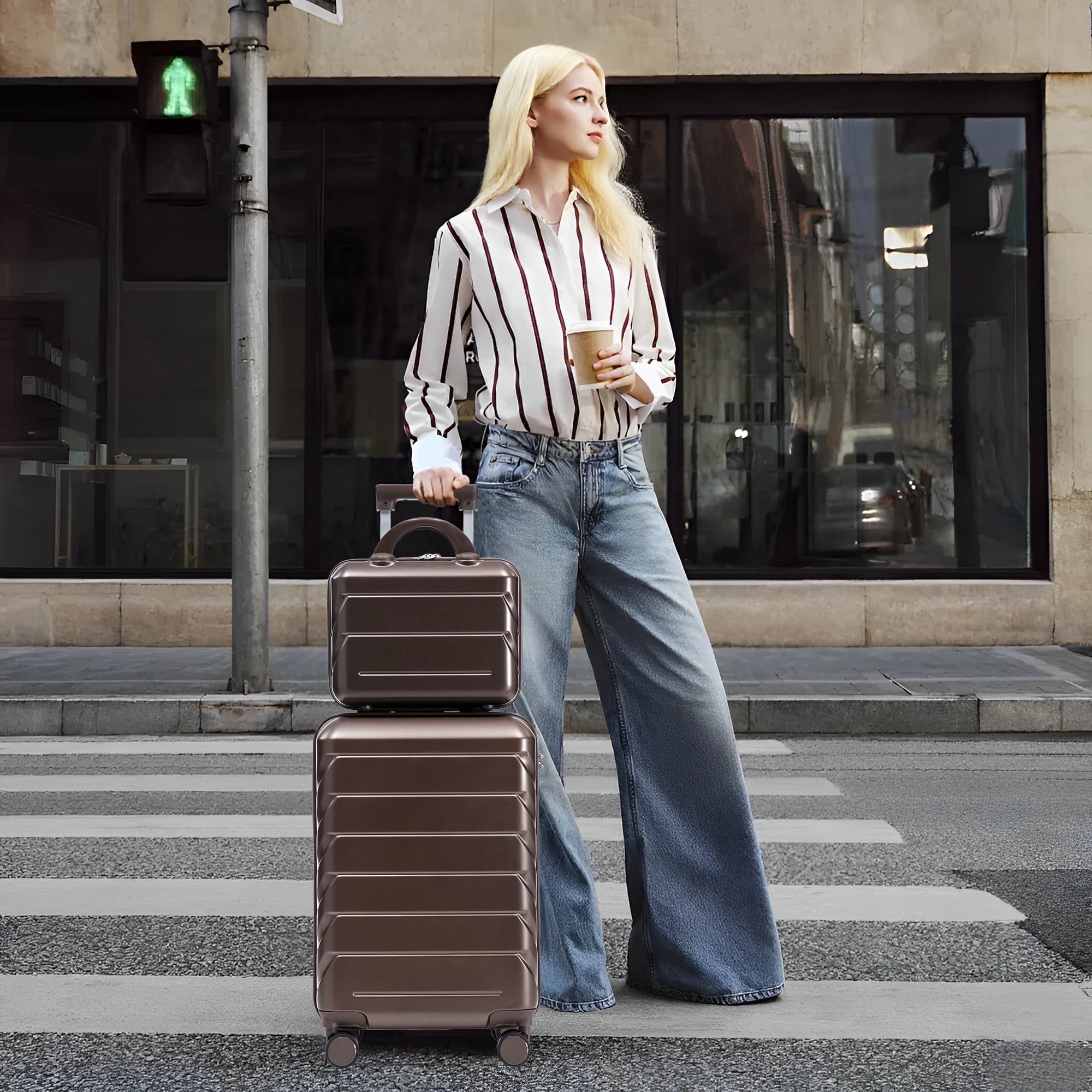 14"/20" 2 pcs/set in ABS Spinner Wheel Luggage, with Combination Lock, 14" Cosmetic Case (Brown)