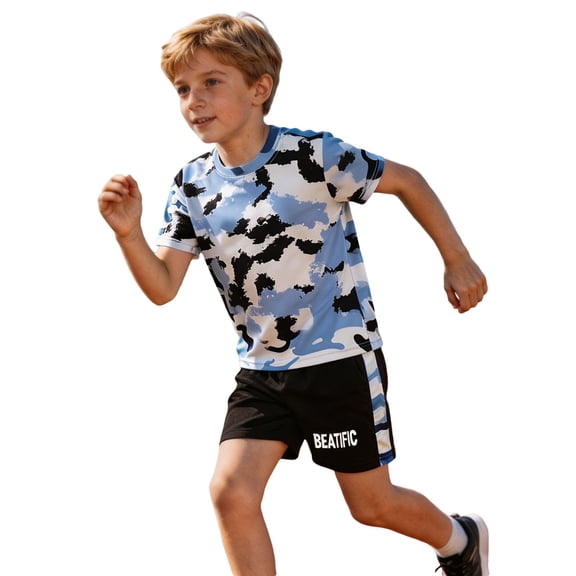 Bysome Boys Outfit Set Graphic Print Short Sleeve Crew Neck Tops With Shorts Athletic Outfit Loose Fit Boys Set Size 2-3 Years Sky Blue