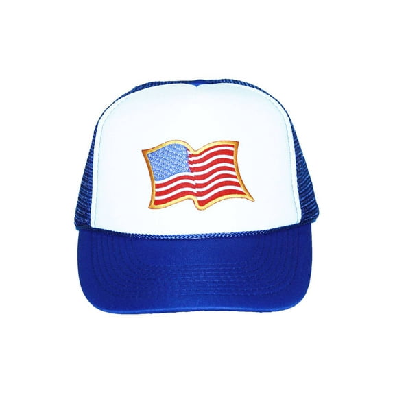 Trucker Mesh Vent Snapback Hat, USA Billowing Flag 3D Patch Royal Blue
