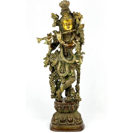 Krishna Statue Large, 29 inches Big Size Brass Lord Krishna Idol, Krishna Bhagavan, Home Entrance Decor, Sri Krishna Avatar of Lord Vishnu Wooden Brown finish Sculpture Anniversary Hindu Marriage gift
