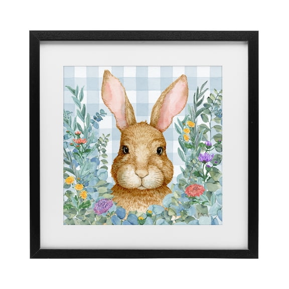 Stupell Industries Cottage Rabbit Laurel on Gingham Black Framed Print Under Glass, 13 x 13, by Paul Brent