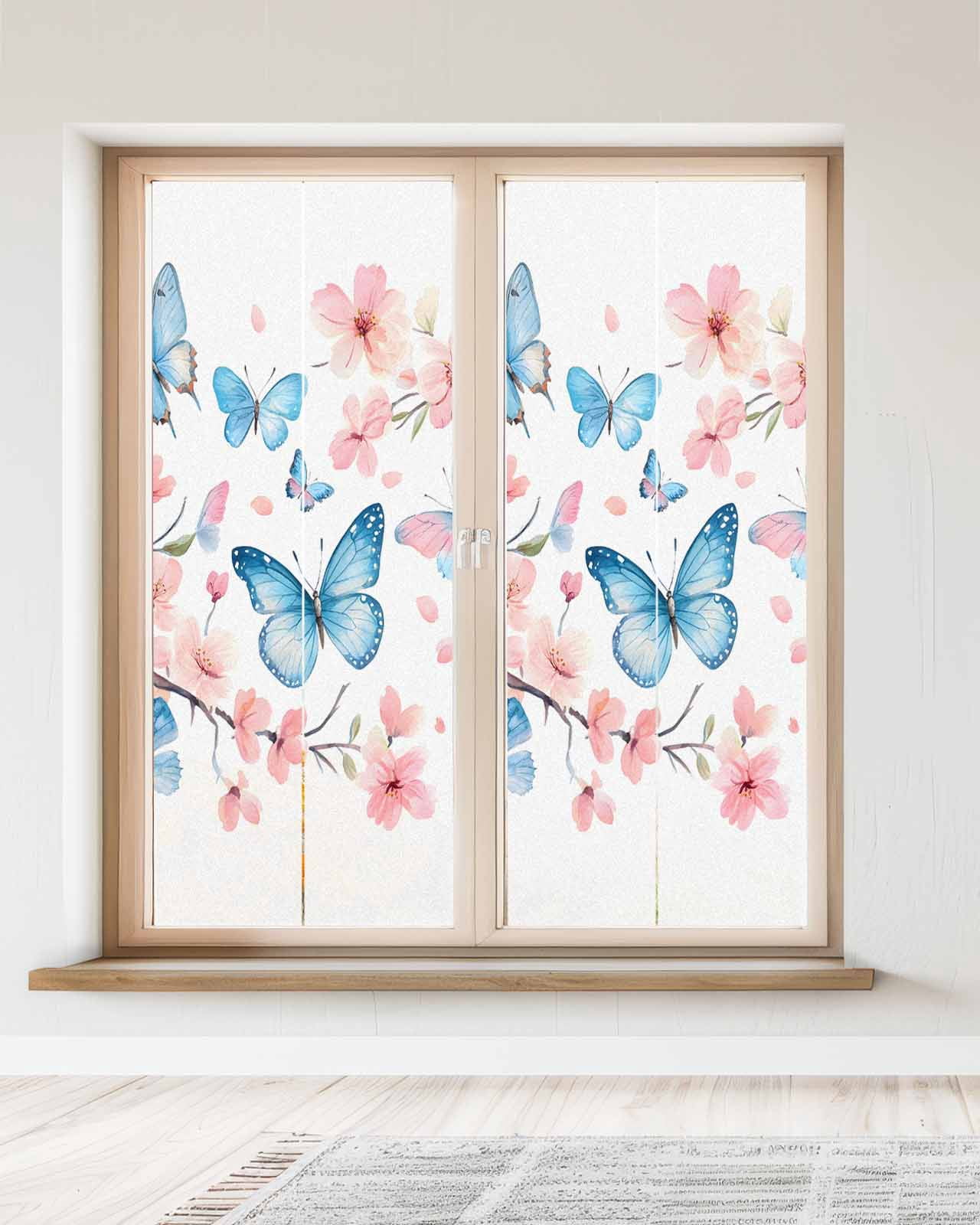 Window Privacy Film Blue Butterfly Stained Glass Window Film Decorative Sun Block Window Cover Watercolor Spring Natural Flowers Window Clings Static Adhesive Sticker for Bathroom 23.6"x59"