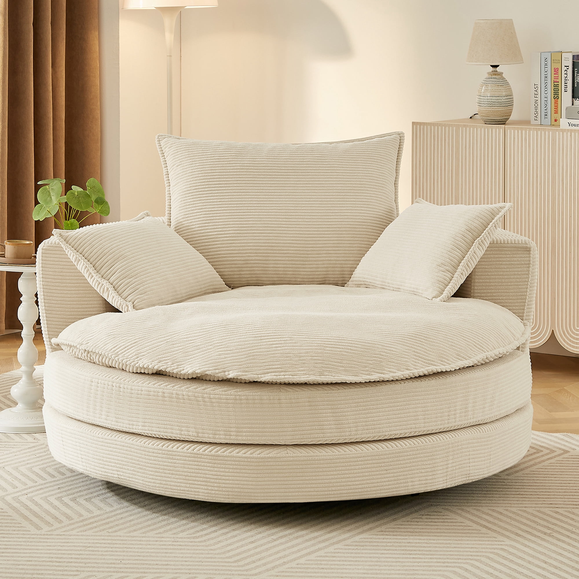 Euroco Oversized Round Swivel Chair with Corduroy Upholstery and Deep Seat, 360° Rotation Lounge Chair with Pillows for Living Room or Bedroom – 57.5" W x 56.5" D x 35.25" H