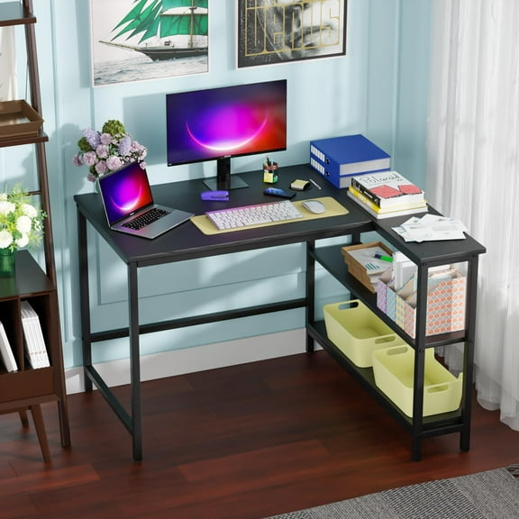 FDW 43 Inch L-Shaped Gaming Desk with Reversible Side Storage Shelves Metal Frame,Black