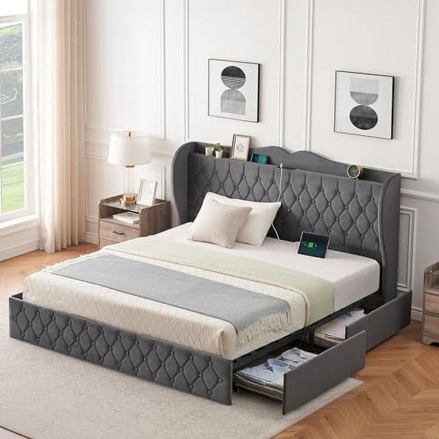 Bed Frame with 4 Drawers, Upholstered Platform Bed Frame with Charging Station Headboard, Queen Size Bed Frame, No Box Spring Needed, Noise-Free, Easy Assembly