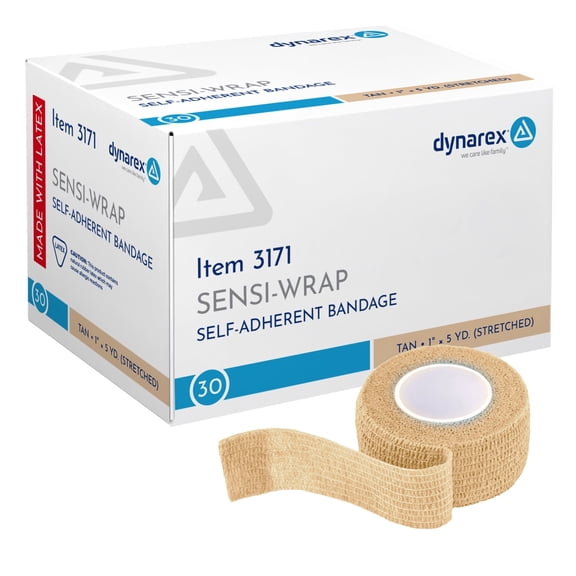 Dynarex Sensi-Wrap Self-Adhesive Bandages, 30-Pack, 1" x 5 yards, Tan, Latex, Colored Elastic Cohesive Athletic Tape, Tattoo Grip & Vet Wrap