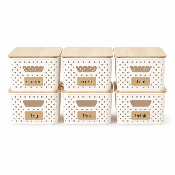 ExpanseEcho 6-Pack Plastic Storage Baskets with Bamboo Lids, White
