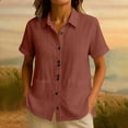 thumbnail image 2 of QIUOMBBP Linen Button Down Shirts for Women Short Sleeve Lapel Collared Tops with Pocket Loose Breathable Summer Business Casual Tees Wine L, 2 of 8