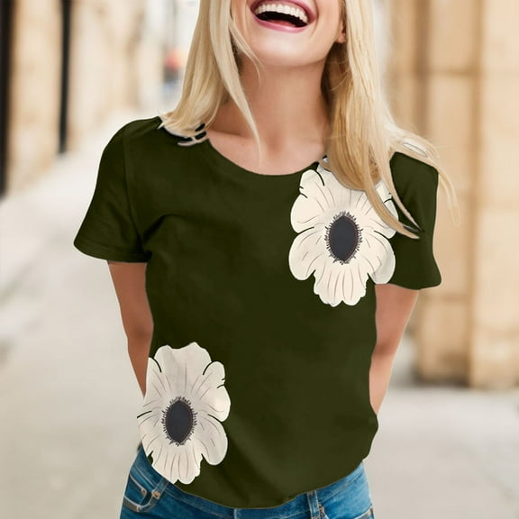 Beige Womens Blouses Women Daily Casual Flower Printed Short Sleeve O Neck T Shirt Tops Blouse Ladies Tops and Blouses