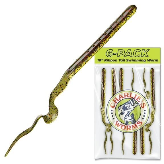 Charlie's Worms 10" Ribbon Tail Swimming Worm Lures for Freshwater & Saltwater Bass – Scented Soft Bait (6pk)