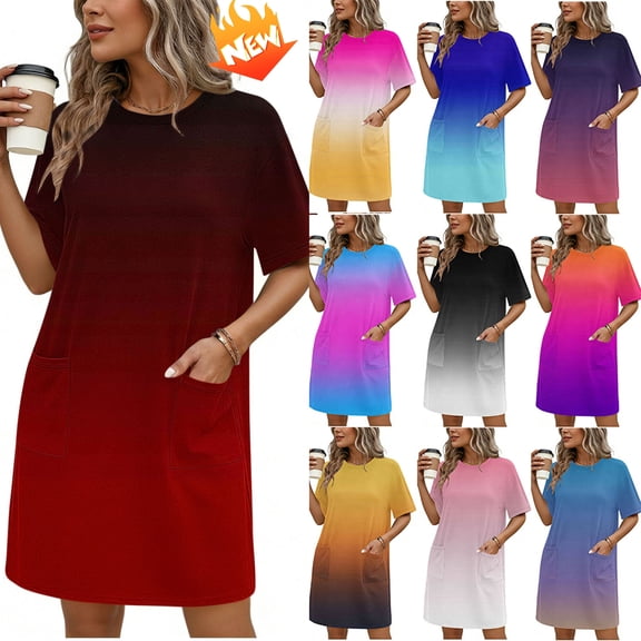 Taqqpue Women's Summer Short Sleeve Mini Dress Casual Crew Neck Loose T Shirt Dresses Plus Size Sundress with Pockets for Women