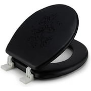 J&V Textiles Embroidered Soft Round Toilet Seat With Easy Clean & Change Hinge, Padded Black