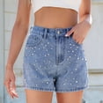 thumbnail image 6 of Women'S Washed Denim Shorts with Beaded Design Slim Fit Casual High Waist Shorts for Women Blue M, 6 of 9