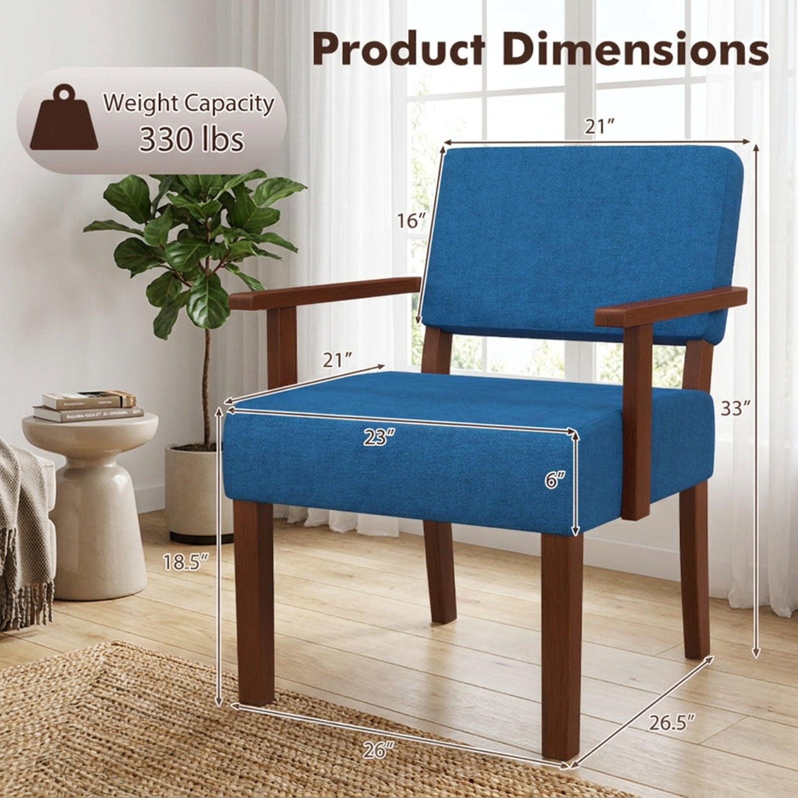 Furnibear Linen Accent Chair with Soft Padded Seat Ergonomic Backrest and Solid Rubber Wood Frame for Living Room and Bedroom, Blue
