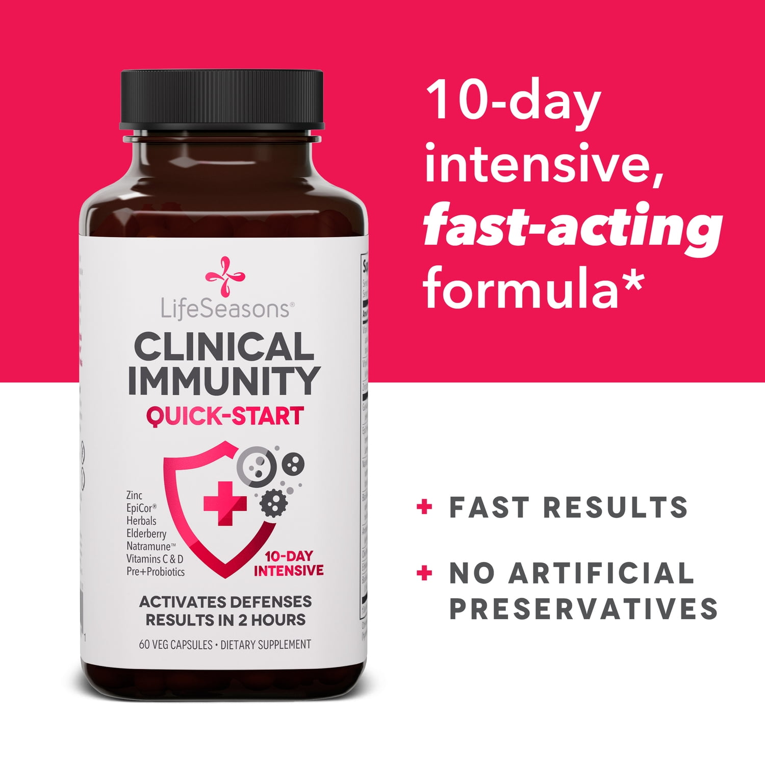 Life Seasons Clinical Immunity - Quick-Start - Immune System Support - Rapid Immunity Response - Boosts Antibodies, B + T + NK Cells, Neutrophils & Macrophagens - Pre + Probiotics - 60 Capsules