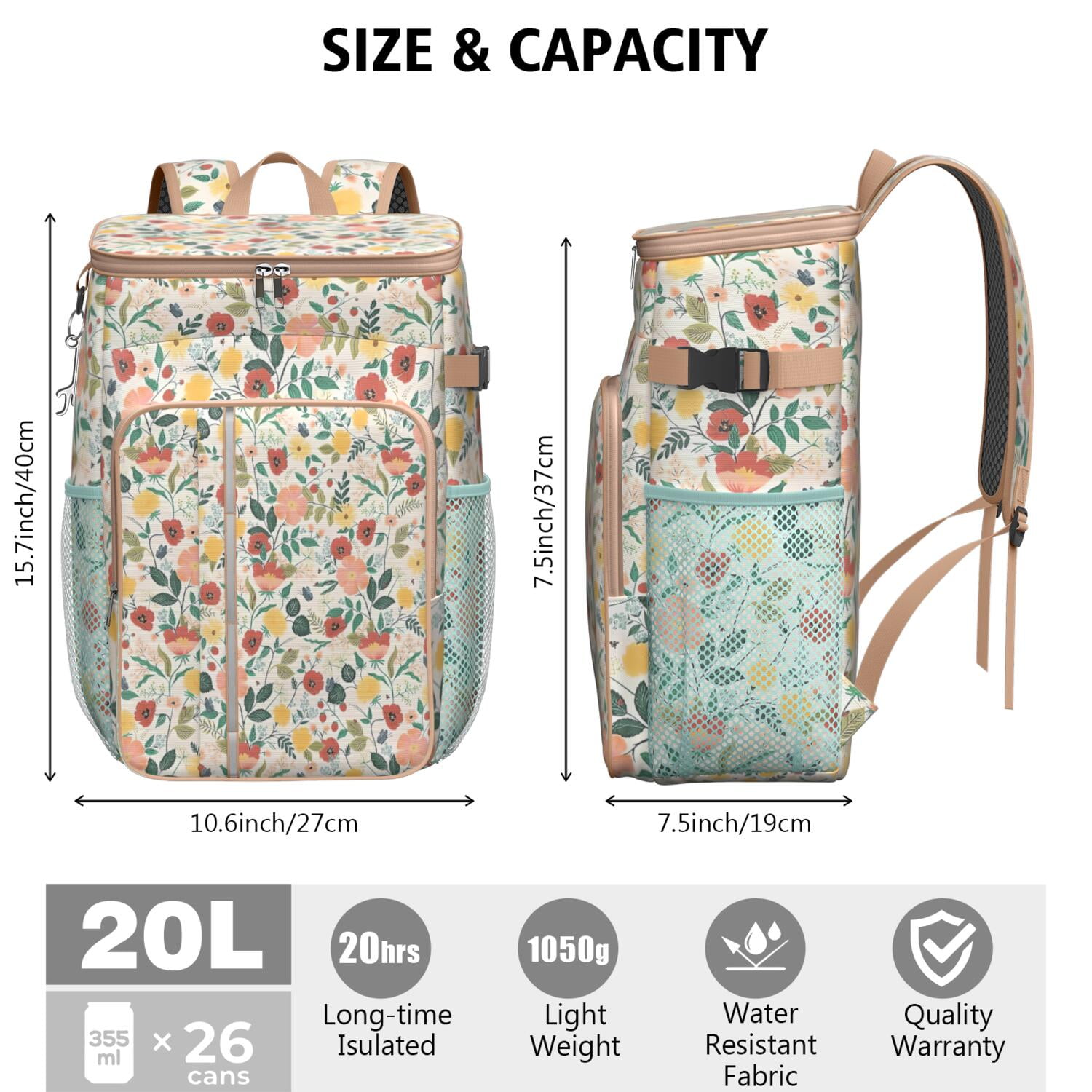 Travel Cooler Bag - Pioneer Flower Floral Print Pattern Camping Beer Cooler Backpack with Bottle Opener- Waterproof Insulated Picnic Backpacks - Cooler Bag for Beach