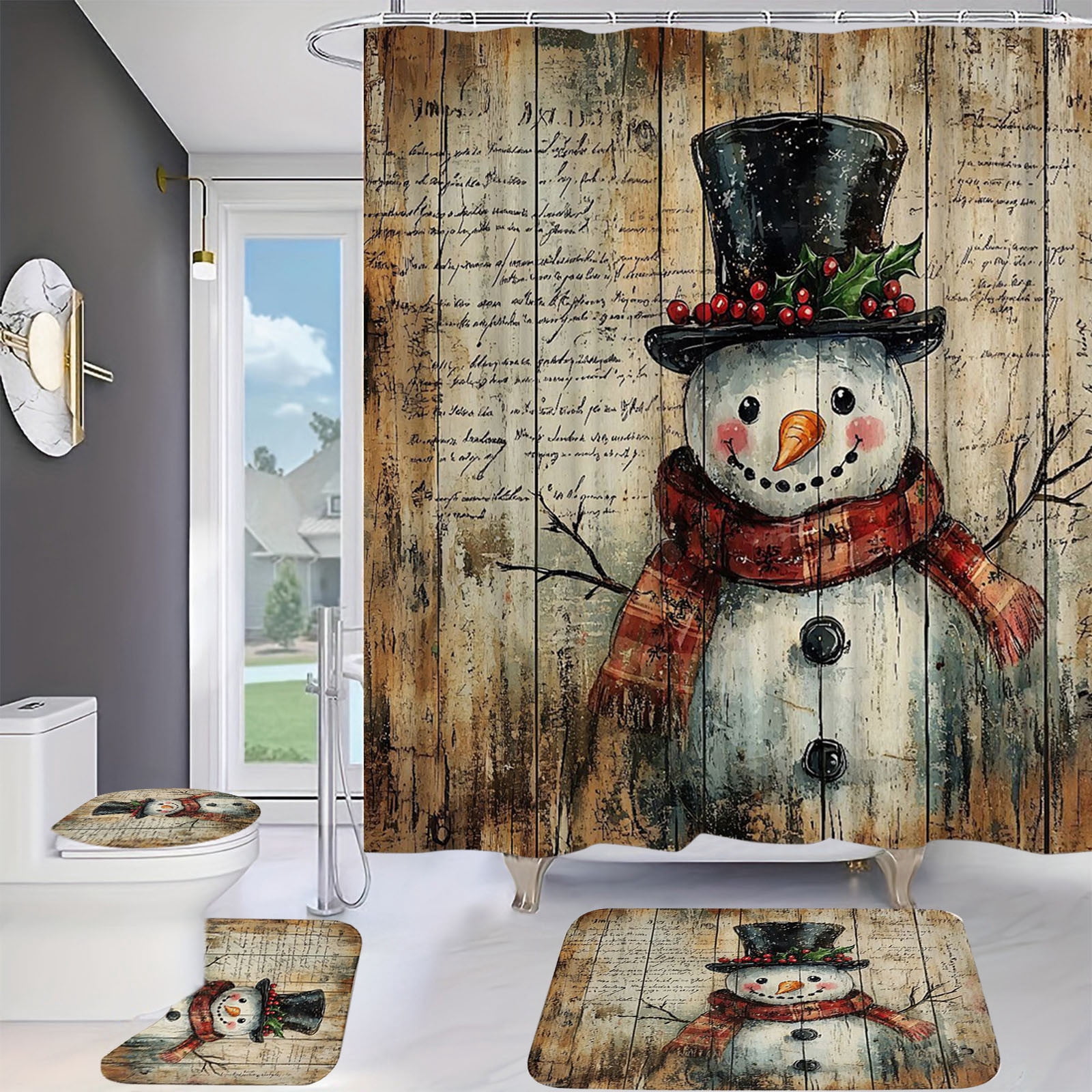 Costeam Christmas Shower Curtain Set with Santa Pattern, Waterproof Bathroom Decor with Holiday Theme for Xmas Party Background Decoration