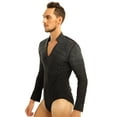 thumbnail image 2 of Fldy Men's Dance Shiny Rhinestones Bodysuit Shirt Ballroom Salsa Samba Latin Tops Leotard Black X-Large, 2 of 7
