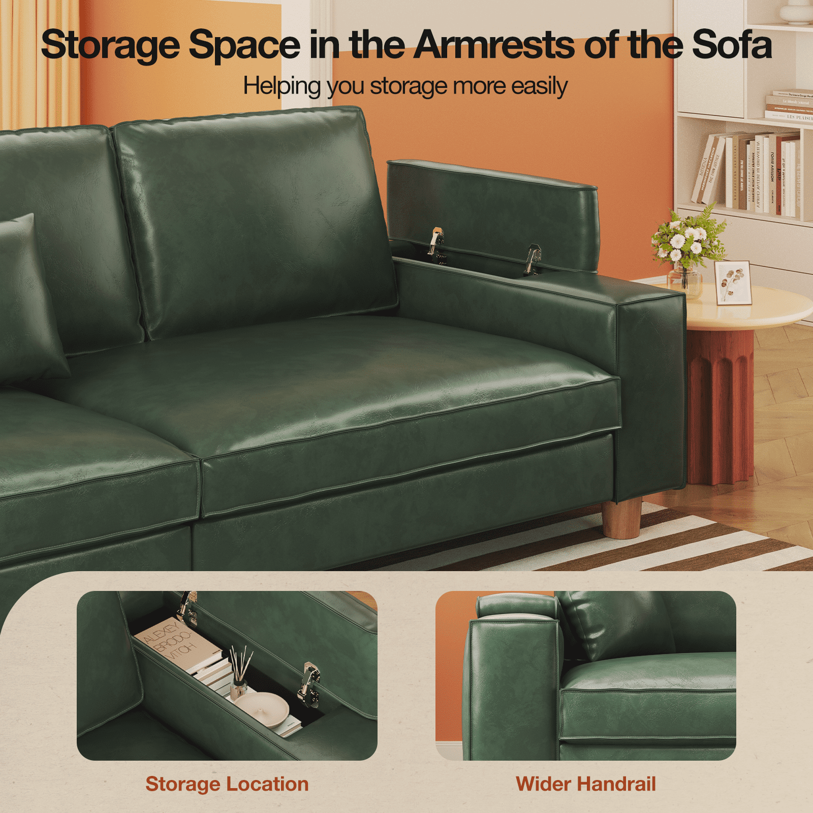 101" Large PU Leather Sofa Couch, Spring Cushion Modern Couch with 24" Extra Deep Seat, Wide Storage Armchair, Comfy Upholstered Oversized Loveseat (Includes 2 Pillows) for Living Room, Office, Green