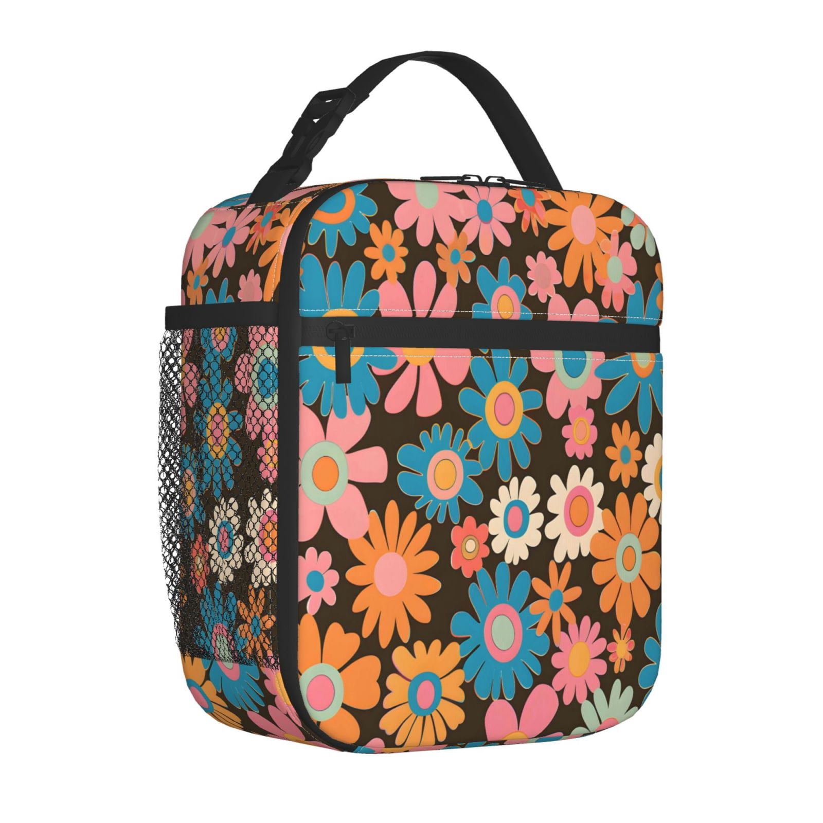 Lunch Bag For Women Men Insulated Portable Lunch Box Bento Box Office Picnic Travel Cooler Bag Retro Groovy Flowers Pattern (6)