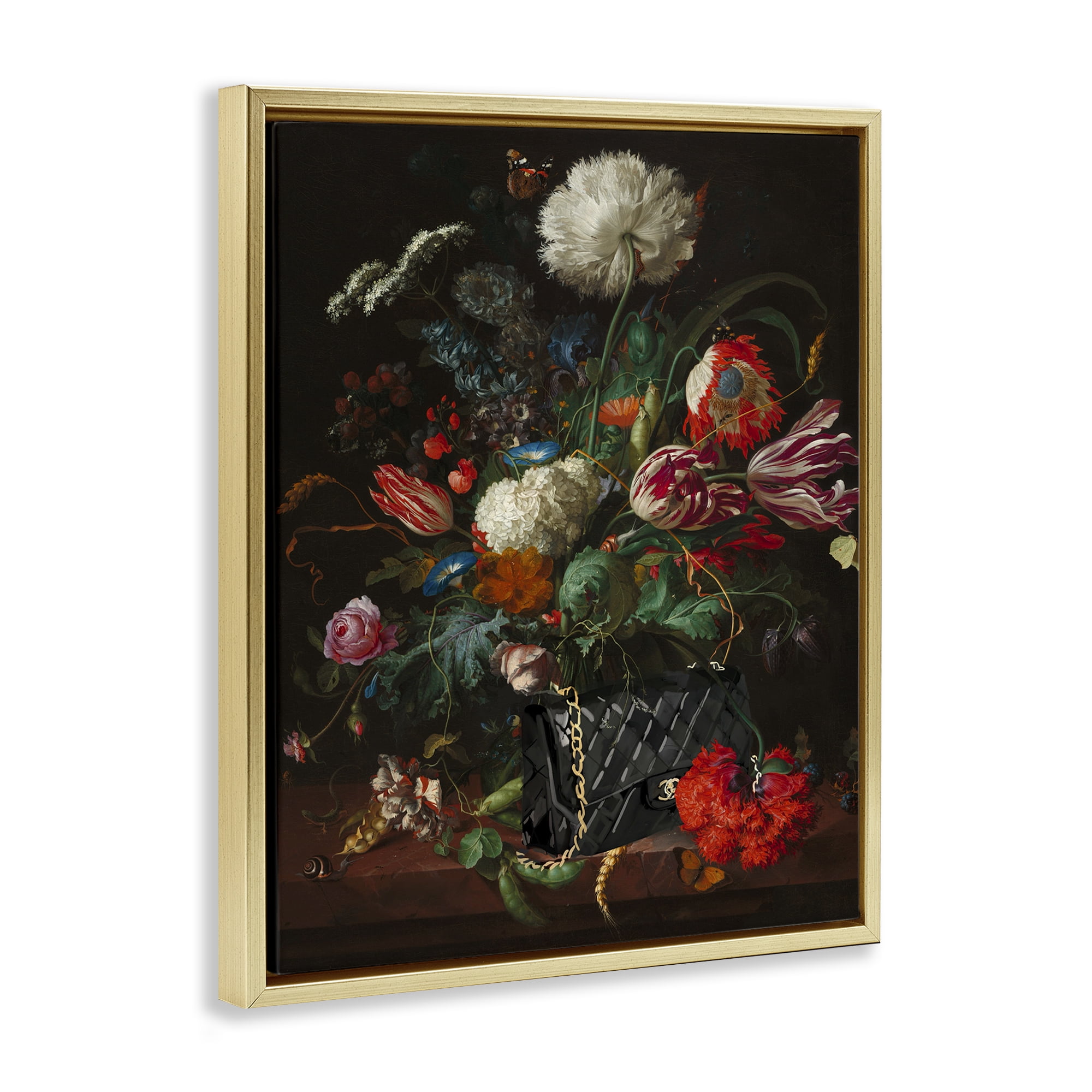 Stupell Industries Vintage Bouquet with Purse Botanical & Floral Painting Gold Floater Framed Art Print Wall Art, 17 x 21