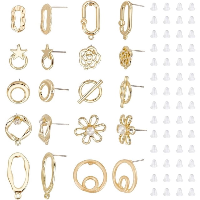 40 pendientes de botón, 10 estilos, dorados, con forma de perla, flor, estrella, ovalados, con 90 tuercas de plástico.