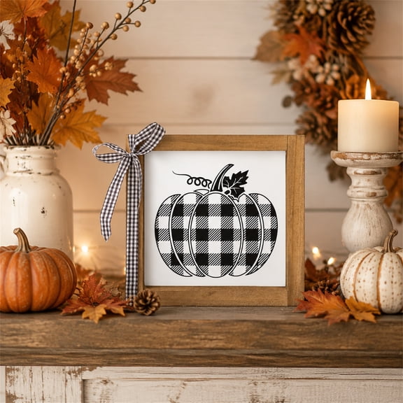 Wooden Pumpkin Framed Wall Decor, Farmhouse Rustic Home Decoration, Buffalo Plaid Fall Accent Sign, Tabletop Shelf Decor for Living Room, Entryway