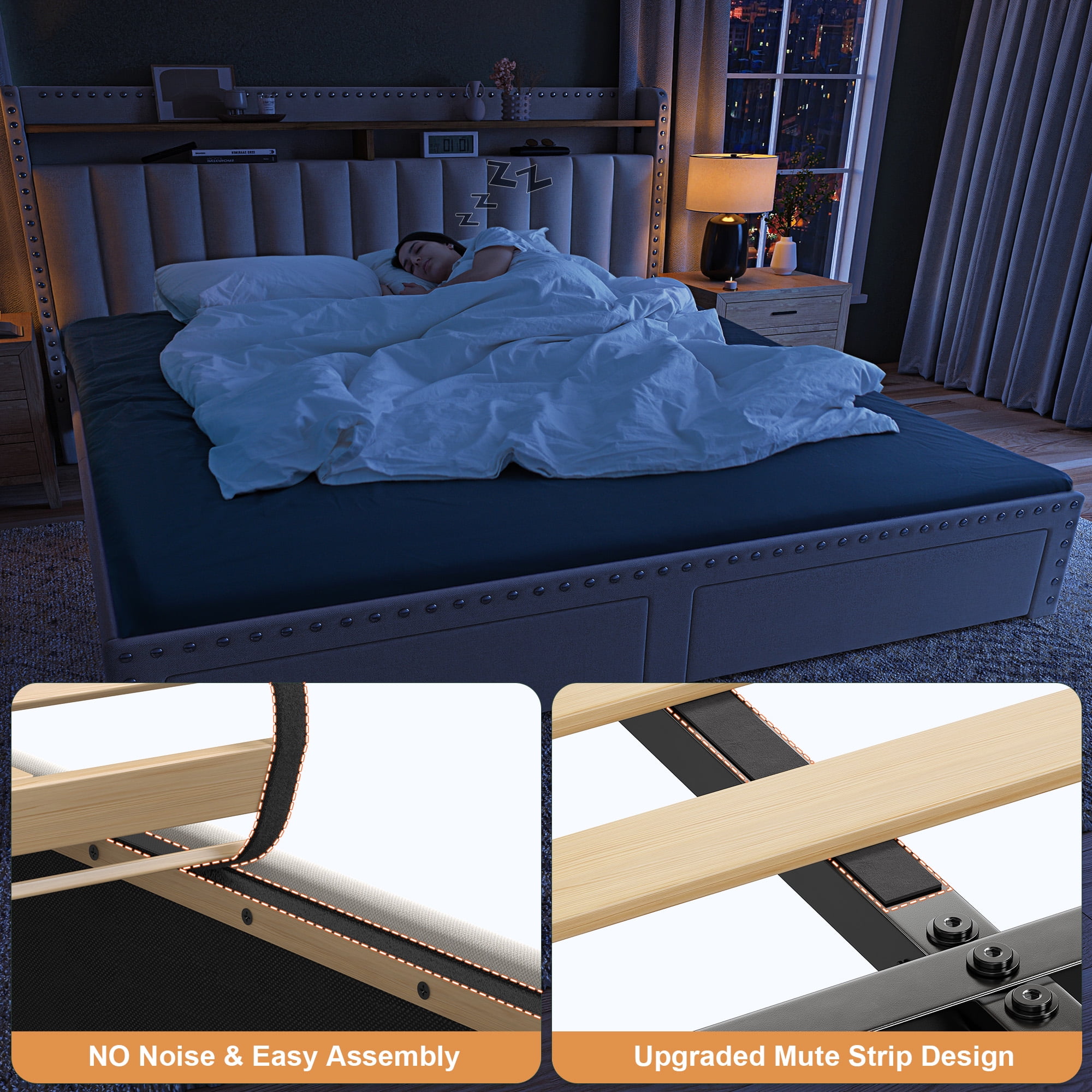 EnHomee King Size Modern Metal and Wood Standard Bed with Storage, Beige