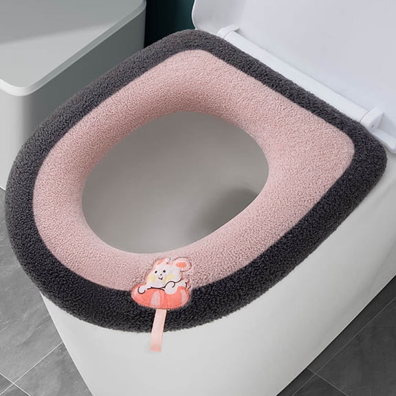 SHENGXINY Toilet Seat Cover Pads Stretchable Washable, Thickened All-Season Cartoon Warm Washable Toilet Cushion Pink 14.6x16.5in