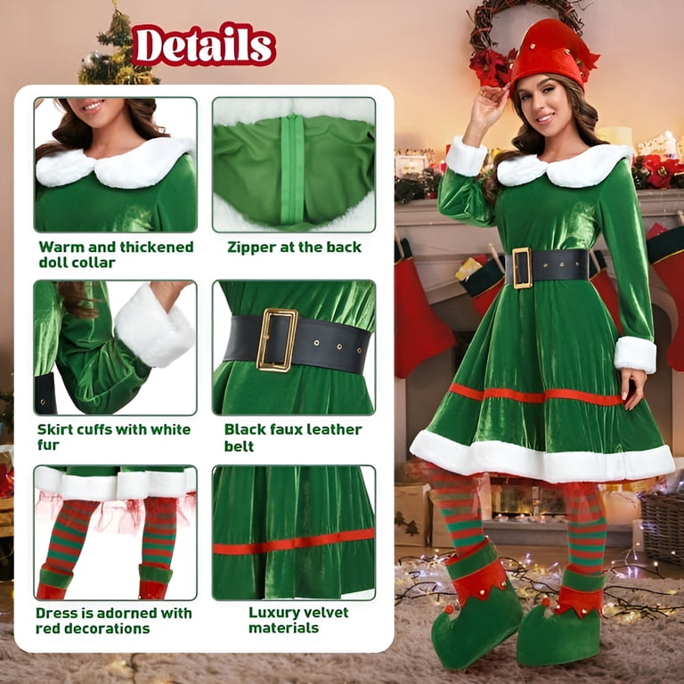 Women Elf Costume Christmas Outfit Adult 5pcs Velvet Dress Cosplay Holiday Halloween Xmas Party Set with Hat Belt Shoes Cover Socks