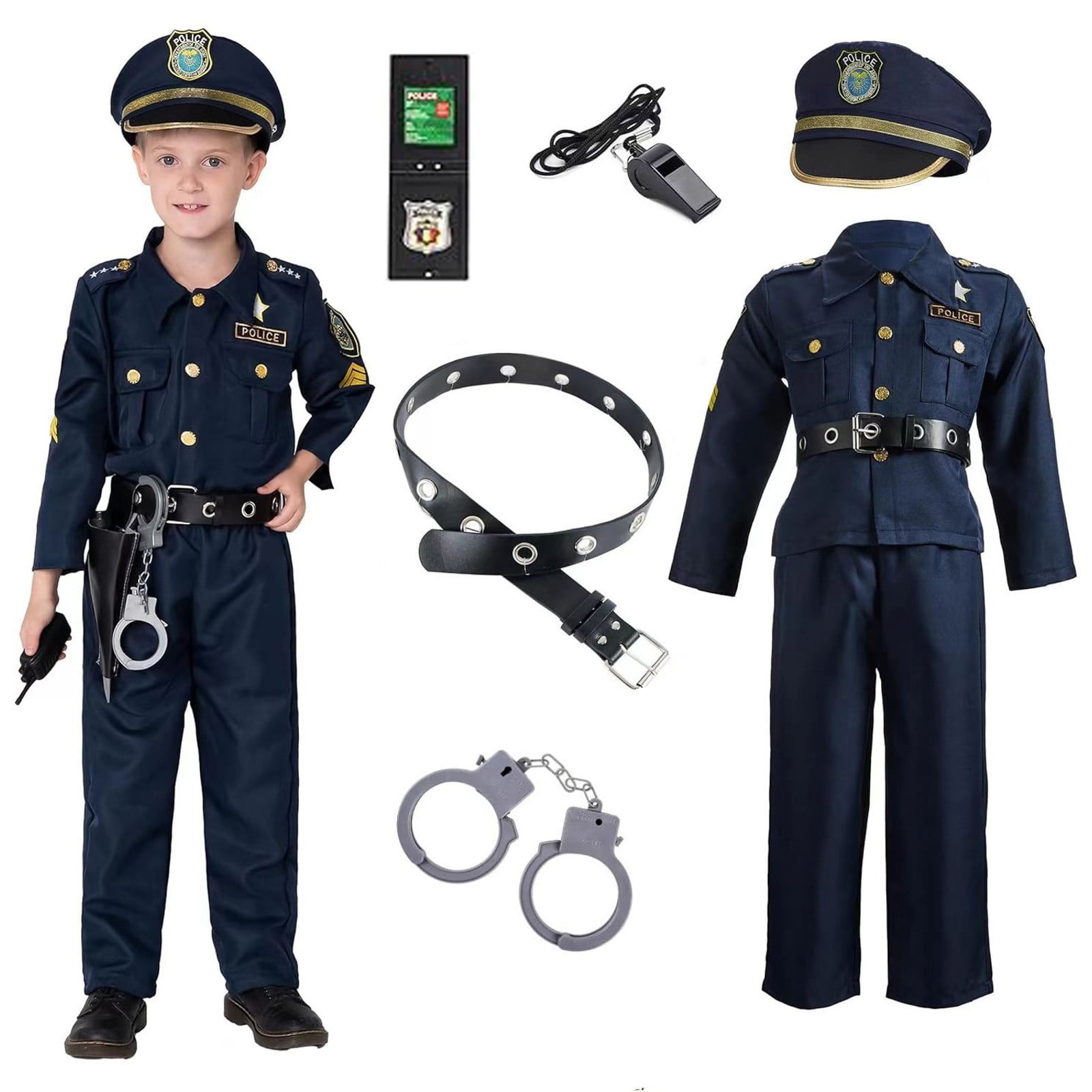 XFHLMJFF Carnival Toddler Police Officer Dress Up Outfit for Boys Kids Cop Outfit for Party Show Performance 1Pc Top+1Pc Pants+1Pc Hat+1Pc Whistle+1Pc Id+1Pc Belt+1Pc Hands 7Pcs Set 5-7Y