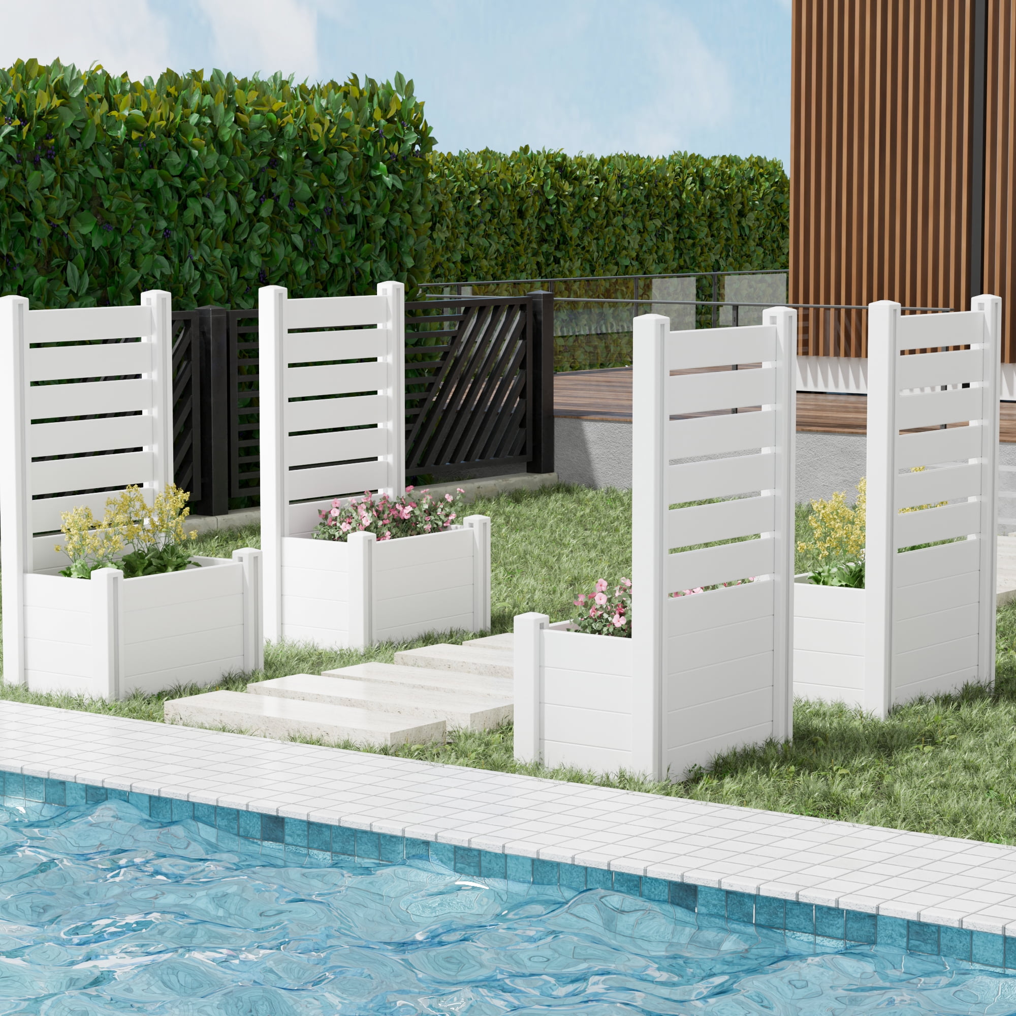MAYEERTY Outdoor White PVC Rectangular Planter Box with Trellis for Climbing Plants, Raised Garden Bed