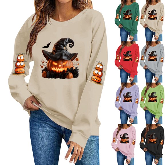 VKOYWKM Women's Halloween Print Crew Neck Sweatshirt Cute Spooky Graphic Sweatshirts Oversized Long Sleeve Sweatshirts Fall Pullover