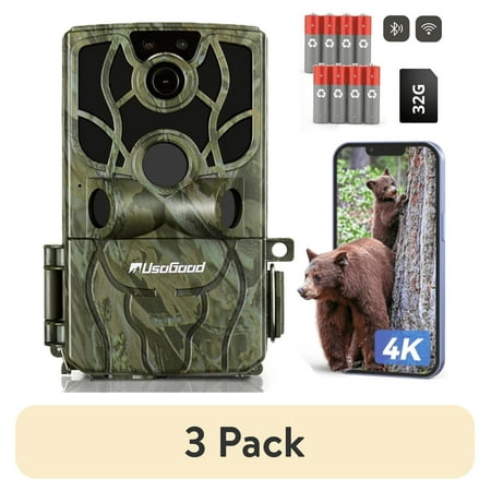 (3 pack) Usogood 4K 48MP WiFi Trail Camera with Phone App Game Camera with Night Vision Motion Activated IP66 Waterproof 120°PIR Range for Deer & Wildlife
