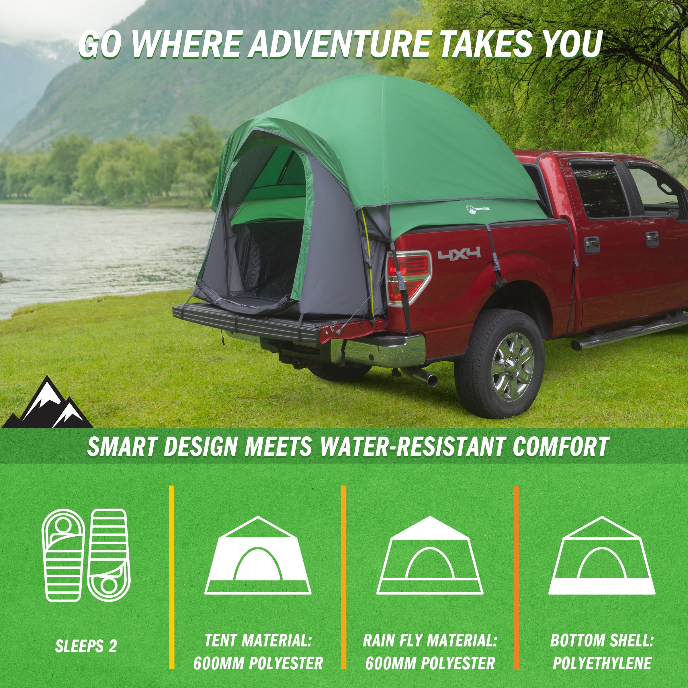 Wakeman Outdoors Water-Resistant Truck Bed Tent for 2-Person, Green, Fits 5.5-6 ft Truck Beds