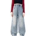 thumbnail image 2 of Frostluinai Distressed Jeans for Girl 5-15Y High Elastic Waist Retro Denim Pants Baggy Straight Wide Leg Jeans with Pocket Vaqueros De Mujer, 2 of 8