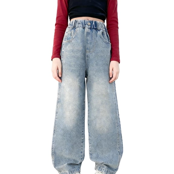 QNANSPI Jeans for Teen Girls, Kids Wide Leg Jeans, Big Kids Girls Solid Color Loose Denim Pants Wide Leg Straight Style Casual Daily Full Length 5-15 Years