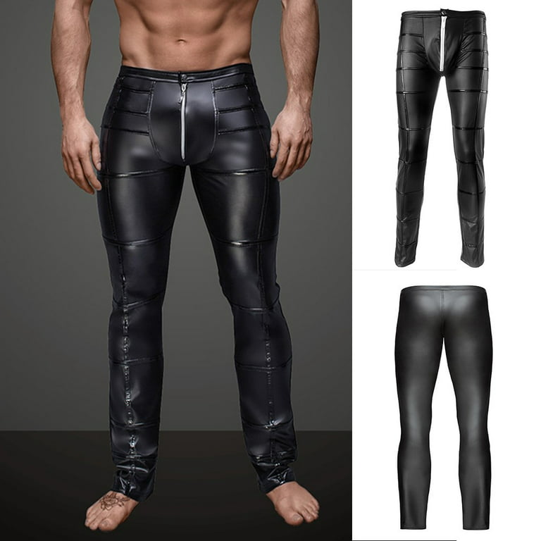 Men Shiny PU Leather Leggings Wet Look Long Pouch Zip Pants