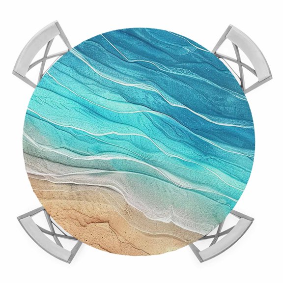 Elastic Fitted Round Tablecloth, Aqua Ombre Coastal Waterproof Stretch Table Cover for 55"-60" Tables, Summer Nautical Beach Ocean Seaside Washable Outdoor Tablecloths for Patio, Picnic, Camping